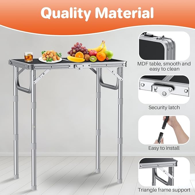 FUNYKICH 2ft Small Folding Camping Table, 3 Height Adjustable Portable Picnic Table, Lightweight Aluminum Outdoor Tables with Carry Handle for Camping, Picnic, BBQ, 58x40cm(L22.8 xW15.7), Silver
