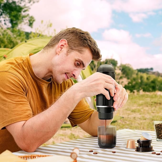 Rich Crema Portable Electric Espresso Coffee Maker, Fast self-heating 2 IN 1 Extraction System Espresso Machine,Support Ground Coffee and NS capsule, for Travel,Car,Hiking,Climbing(Black)