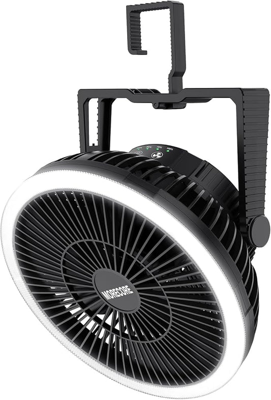 MORECORE Portable Camping Fan with LED Lantern, 24HRS Running 8inch Rechargeable Tent Fan, Powerful 3-Speed 180° Rotate with Hook, Quiet for Outdoor RV Travel Fishing Hurricane Emergency Power Outage
