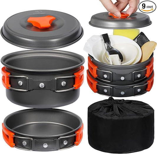 REDCAMP 12/14/15/19 PCS Camping Cookware Mess Kit Camping Gear Campfire Utensils Lightweight Stackable Pot Pan Bowls Soup Spoon with Storage Bag for Camping, Backpacking, Outdoor Cooking, Picnic
