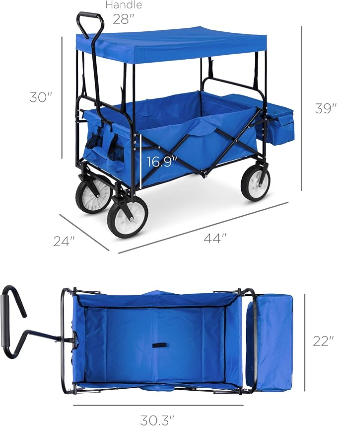 Best Choice Products Collapsible Folding Outdoor Utility Wagon with Canopy Garden Cart for Beach, Picnic, Camping, Tailgates w/Removable Canopy, Detachable Pockets, 150lb Weight Capacity - Blue