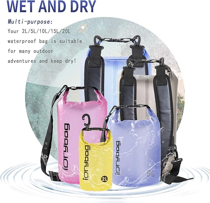 IDRYBAG Clear Dry Bag Waterproof 2L/5L/10L/15L/20L, Small Dry Sack Waterproof Bag for Kayaking