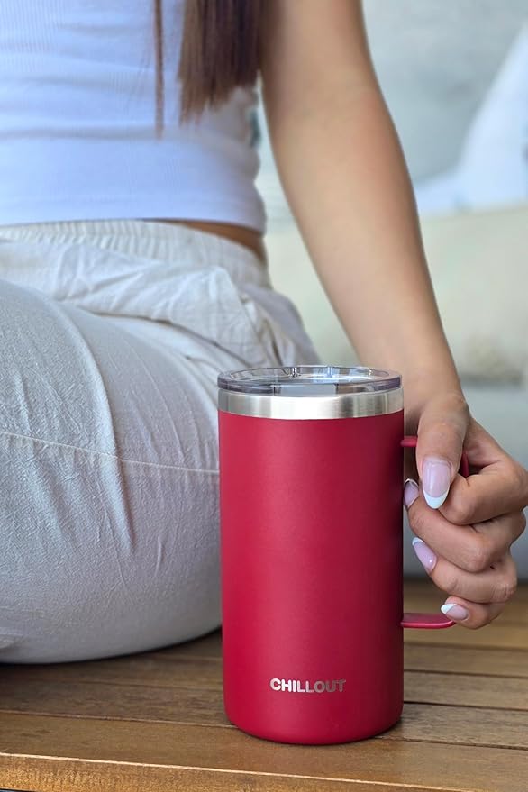 CHILLOUT LIFE Stainless Steel Vacuum Insulated Coffee Mug 16 oz (Set of 2) with Handle and Lid, Large Thermal Camping Coffee Mugs with Sliding Lid for Men & Women, Keeps Your Beverages Hot & Cold