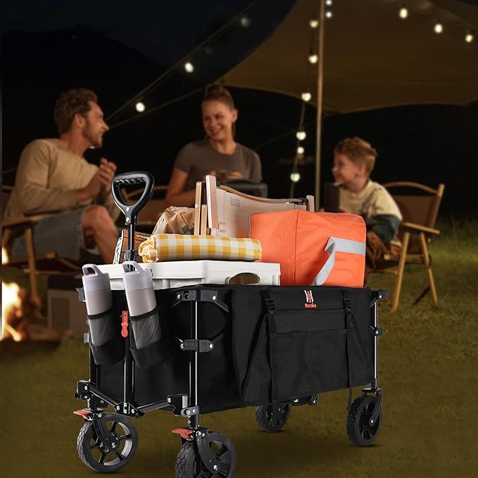Navatiee 140L Collapsible Foldable Wagon with Wheels, Large Capacity Foldding Wagon Cart with Side Pocket and Brakes, Grocery Shopping Cart for Garden Outdoor Use, Black