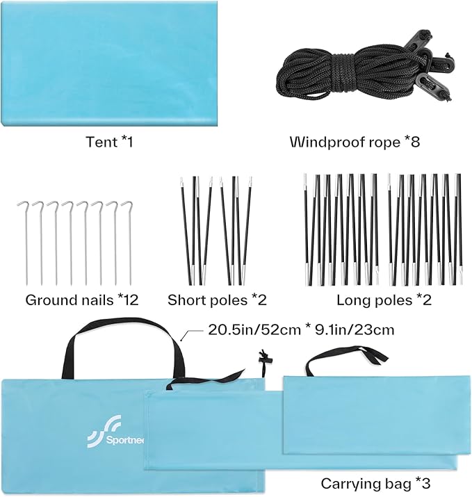 Sportneer Beach Tent Sun Shelter Beach Shade Canopy UPF 50+ UV Protection with 8 Wind Ropes and 12 Ground Stakes for Beach Camping Backyard Picnic Outdoor