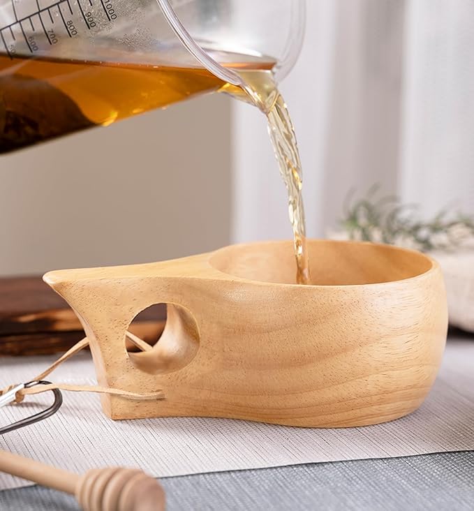 Wood Cup for Kuksa, Camping Mugs Essential Equipment for Bushcraft Gear Also Camping Essentials Wooden Cup Made by Traditional Hand Carving and Equipped with Hanging Rope and aHandle(Beige)