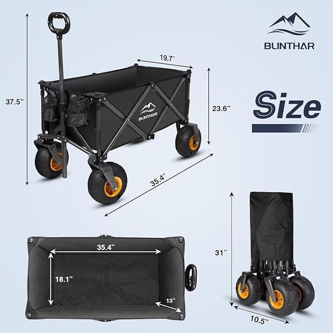 Beach Wagon, Heavy Duty Collapsible Folding Wagon with All-Terrain 9" Pneumatic Tires & Drink Holders, Utility Grocery Wagon for Garden Sports Camping Outdoor Activities