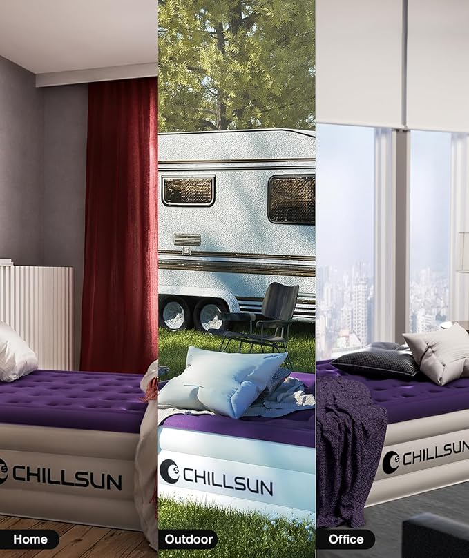 CHILLSUN Queen Air Mattress with Built in Pump, 2025 Upgraded Blow Up Mattress, 18" Luxury Flocked Top Airbed, Inflatable Mattress for Camping Guests and Home 650 lbs Max