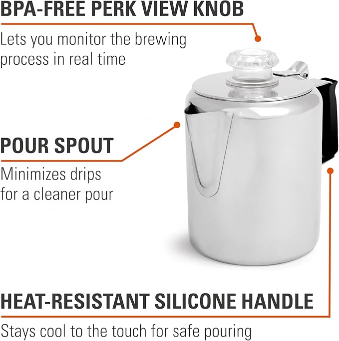 GSI Outdoors Percolator Coffee Pot I Glacier Stainless Steel with Silicone Handle for Camping, Backpacking, Travel, RV & Hunting - Stove Safe