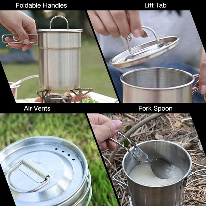 BeGrit Camping Cups Mugs Stainless Steel Camping Pot Food Grade Metal Camping Cookware with Folding Spoon, Vented Lids