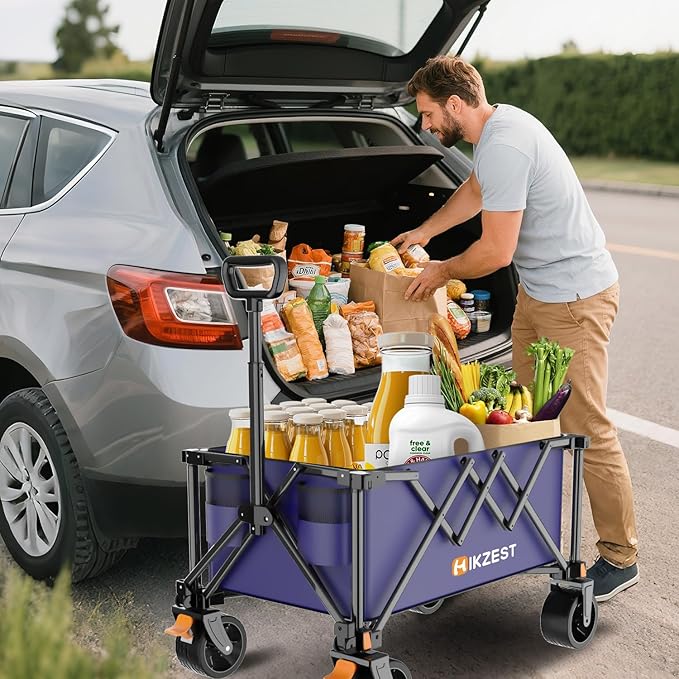 Collapsible Wagon Cart Foldable, 360LBS Heavy Duty Utility Wagon, Beach Wagon with Wider Wheels, Portable Grocery Cart for Camping, Shopping, Garden, Sports, Blue