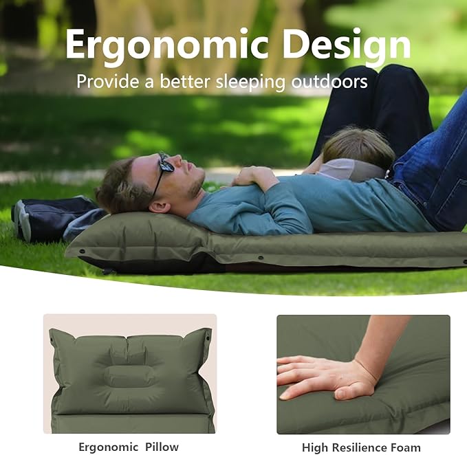 BISINNA Self Inflating Sleeping Pad Thick Foam Sleeping Mattress with Pillow for Camping Lightweight Insulated Sleeping Mat Fast Inflating for Camping Travel Car Tent