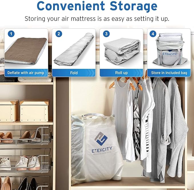 Etekcity Air Mattress Upgraded Twin Size Camping Air Bed Blow Up Bed Inflatable Mattress Raised Airbed with Rechargeable Pump for Guest, Camping, Hiking, Height 9", Storage Bag, Brown