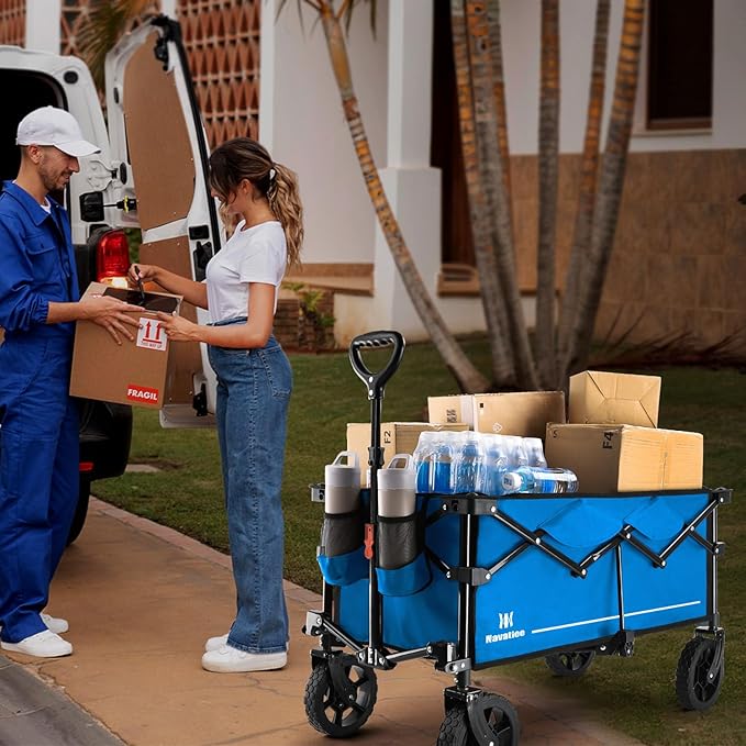 Navatiee 130L Collapsible Folding Wagon, Large Capacity Foldable Wagon with Silent All-Terrain Wheels, Utility Grocery Wagon Cart for Camping Shopping Outdoor, Blue