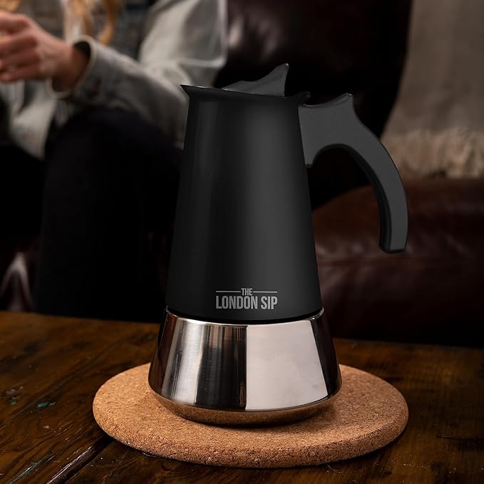 London Sip Stainless Steel Stovetop Espresso Maker Moka Pot Italian Coffee Percolator, Matte Black, Small (5.07 oz)