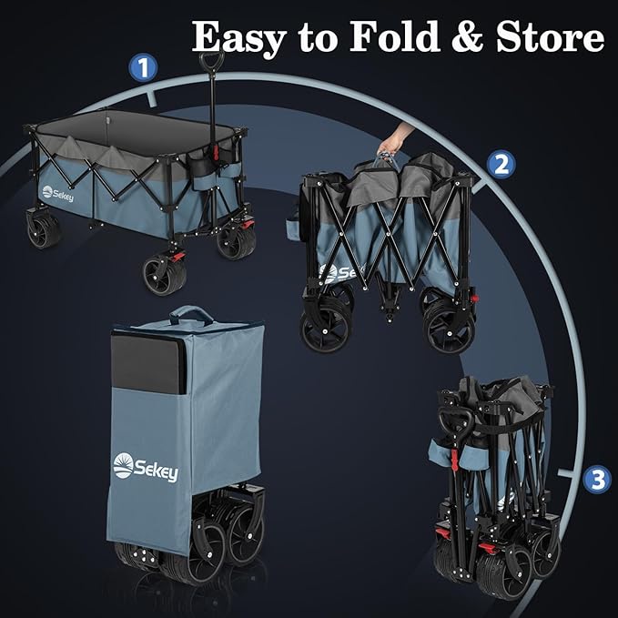 Sekey 220L Collapsible Foldable Wagon with 330lbs Weight Capacity, Heavy Duty Folding Utility Garden Cart with Big All-Terrain Beach Wheels & Drink Holders. Blue & Gray