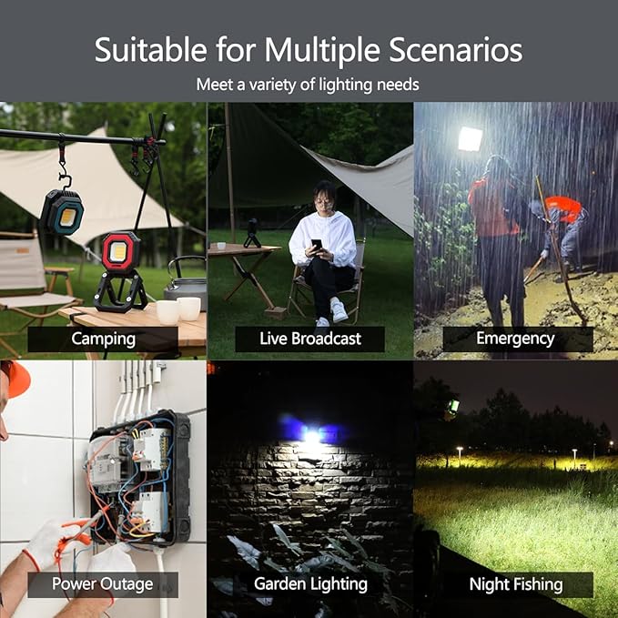 Camping Light Work Light 10000mAh 1500LM Rechargeable Magnetic 5 Modes Flood Light IPX5 Waterproof Portable Clamp Light for Outdoor, Emergency, Repairing, Fishing, Power Outages (Gray)