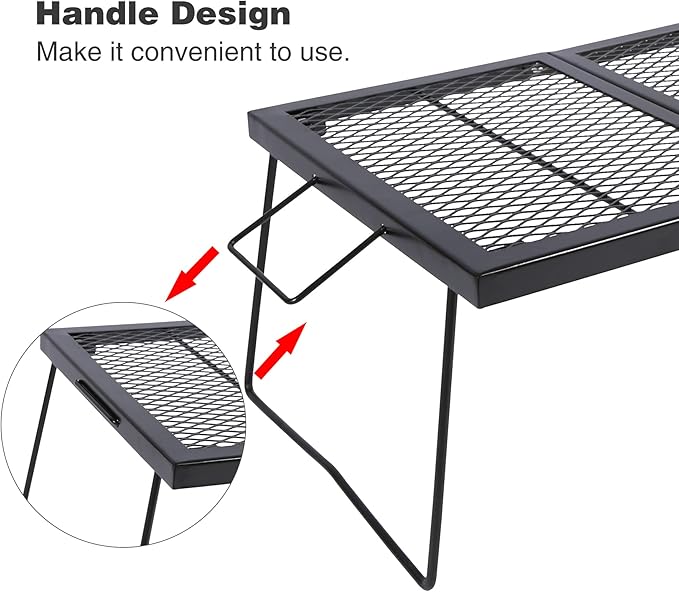 Folding Campfire Grill Grate, Portable Heavy Duty Steel Over Fire Camp Grill for Outdoor Camping Cooking Fire Pit, Black Folded in Half