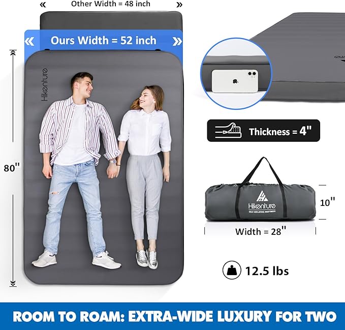 Hikenture Extra Thick Double Self Inflating Sleeping Pad, 9.5 R Camping Mattress 2 Person, Inflatable Foam Camping Pad with Pump Sack, Portable 4 in Thickness Comfort Plus Camping Mat for 4-Season