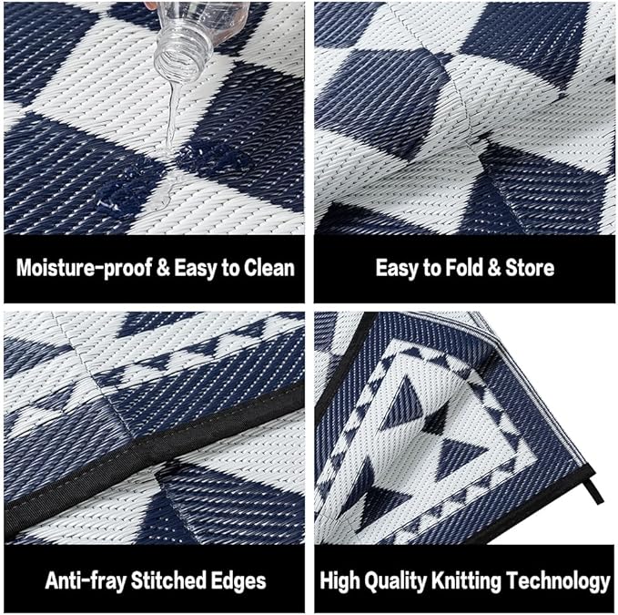 Outdoor Waterproof Rug 8'x10' Plastic Straw Rugs Washable Reversible Floor Mat Blue Plaid Carpet for Camping RV Deck Entryance Porch Picnic Balcony Beach Backyard