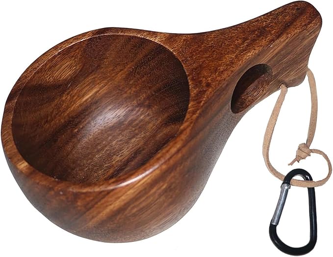 Coffe Mug Portable Wooden Camp Cup with Handle Kuksa Handmade Cool Hot Drinking Viking Mug Unique Natural Wood Grain for Outdoor Travel Hiking Men Women