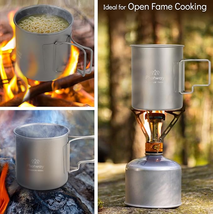 Camping Titanium Mugs Cups 450ml Camp Coffee Mug with Lid - Ultralight Backpacking Camp Cup for Hiking Backpacking Camping Open Fire