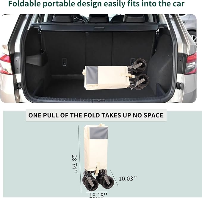 Collapsible Folding Wagon with Big Wheels,Heavy Duty Utility Beach Buggy Cart w/Adjustable Handle and Drink Holder,for Sand,Shopping,Camping,Garden,Outdoor,38",Antique White