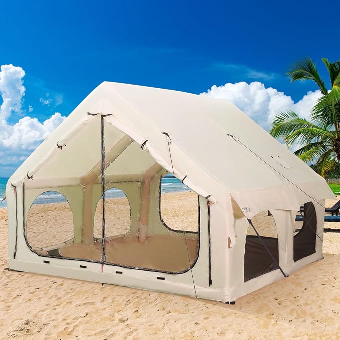 2025 Upgraded 100% Waterproof Inflatable Camping Tent, Large Blow-Up Air Tent, No Assembly Needed Luxury Glamping House, Oxford Fabric