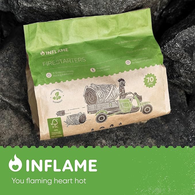 Inflame Fire Starters 70 pcs Fire Starters for Campfires, Grill, BBQ, Fireplace, Woodstove - Charcoal Starter - Waterproof, Weather-Resistant - Natural Wood Fireplace Starters