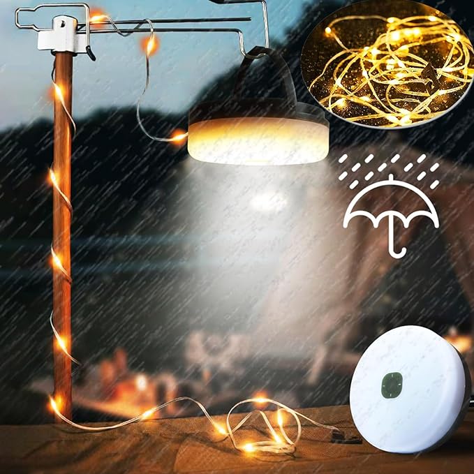 Solar Retractable Camping String Lights Reel 39 FT, Portable 3600mAh Rechargeable Strip Light with Remote Control Timer, Waterproof Tent Lantern for Hiking Awning Party Festival Decor (Warm White)