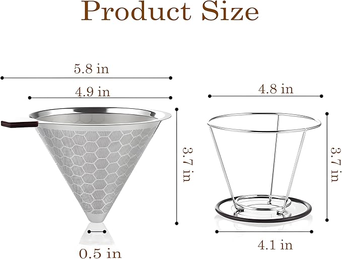 Pour Over Coffee Dripper 1-4 Cup 800 Mesh Inner Mesh Reusable Pour Over Filter Stainless Steel Coffee Strainer for Travel Coffee Dripper Easy to Clean Paperless Pour Over Coffee Maker
