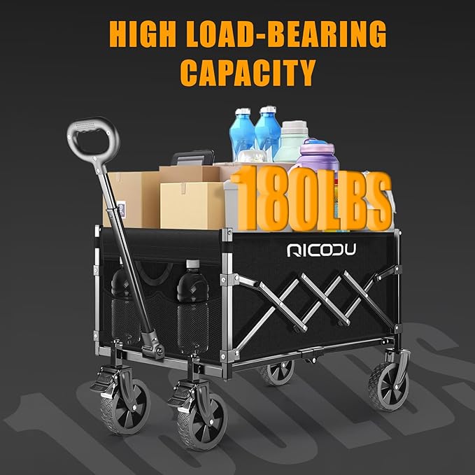 Foldable Wagon with Brakes - Lightweight 11lbs Collapsible Utility Wagon, 180lbs Capacity All-Terrain Wheels - Portable Beach Camping & Grocery Hauler
