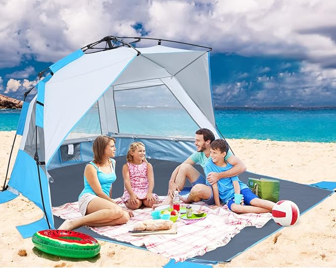 Beach Tent Instant Pop up Sun Shade Shelter for 4-6 Person with UV Protection,Extended Floor,3 Mesh Roll Up Windows with Carry Bag, Sandbags, Stakes(Sky Blue)