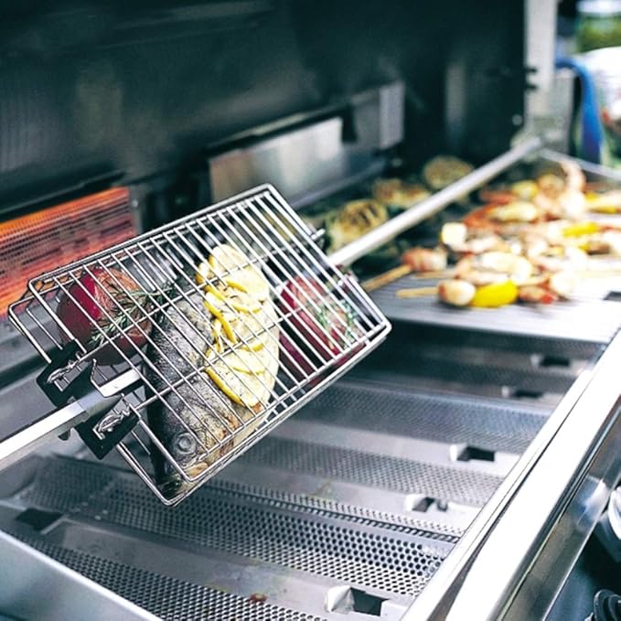 onlyfire 6042 BBQ Stainless Steel Flat Spit Rotisserie Grill Basket for Any Grill, Fits 1/2" Hexagon, 3/8" Hexagon, 3/8" Square&5/16" Square Rotisserie Spit Rods