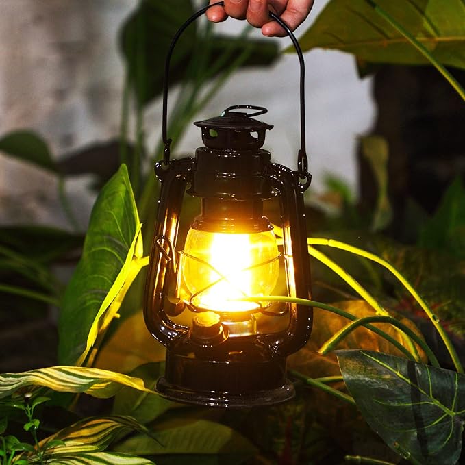 Hortsun 2 Pcs Black Vintage LED Camping Lanterns Warm LEDs and Dimmer Switch Battery Operated Metal Hurricane Farmers Hanging Lantern for Indoor Outdoor Usage Decor (8 Inch)