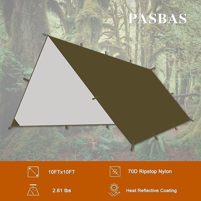 100% Waterproof Camping Shelter,Lightweight Bushcraft Emergency Tarp,70D Ripstop Nylon 10X10 ft Olive Drab Sun Shelter Backpacking Protable Can be Used with Car、Tent、Hammock in Hiking、Traveling、Garden