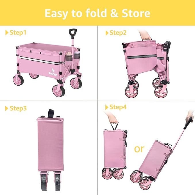 Collapsible Wagon Cart with Wheels Foldable - Folding Utility Heavy Duty Wagons Carts for Grocery Sports Garden Shopping Camping Pink