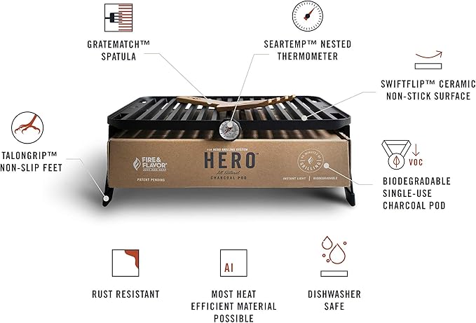 Fire & Flavor Hero Grill System - Ultra-Portable Grill for Camping, Tailgating, and BBQ on the Go - Tabletop Charcoal Grill Set Comes with Spatula, Thermometer, and Cutting Board