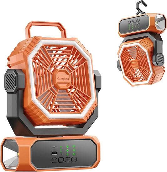 VVU&CCO Portable Fan for Camping with LED Lantern,20000mAh Rechargeable Battery,65H Runtime,USB-C Fast Charging, 3 Speeds - Cordless Desk Fan for Travel Home Office Tent Desk