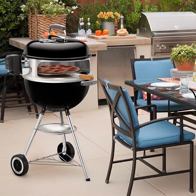 onlyfire Stainless Steel Multi-Purpose Rotisserie and Pizza Combo Kit for Weber 18" and Other Similar Kettle Grills - Include Pizza Peel and Pizza Stone