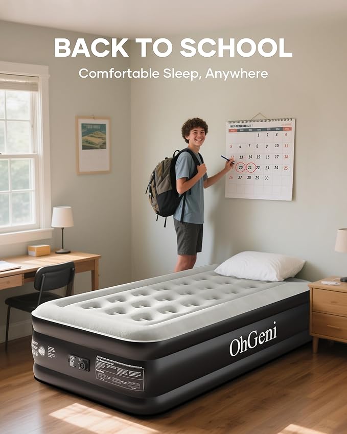 OhGeni Twin Air Mattress with Built in Pump for Guest, 18in Tall Colchon Inflables Blow Up Air Bed with Carrying Bag for Camping, Raised Elevated Double Airbed, Foldable & Portable Air Mattress, Black