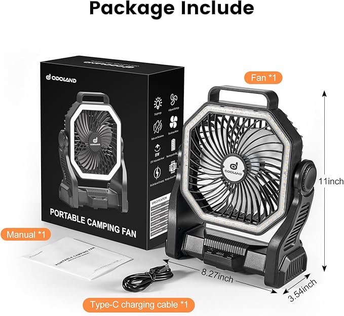 Odoland Camping Fan with LED Lantern, 20000mAh Rechargeable Battery Operated Fan, Portable Outdoor Light with Rotation Hook for Picnic Power Outage Hurricane Emergency Home Patio, Black