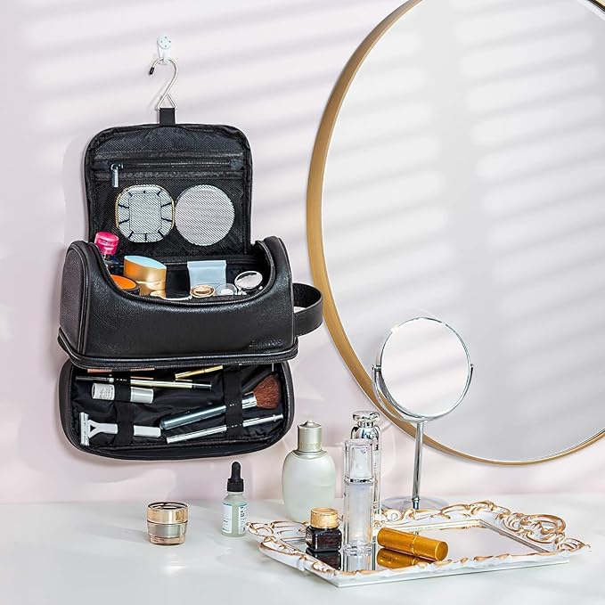 Elviros Toiletry Bag for Mens PU Leather Travel Organizer Kit with Hanging hook, Large Water-resistant Toiletries Bathroom Shaving Bags(Extra Large, Black)