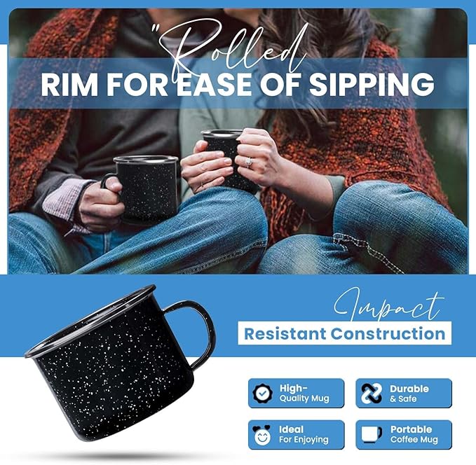 Toughty Enamel Camping Mug – Retro Vintage Campfire Tin Cup, Rustic Backpacking Mug for Hiking, Coffee, Farmhouse, Diner, Hot Drinks, Tinware, and Backpacking Gear – Set of 4 – Black – 16 Oz