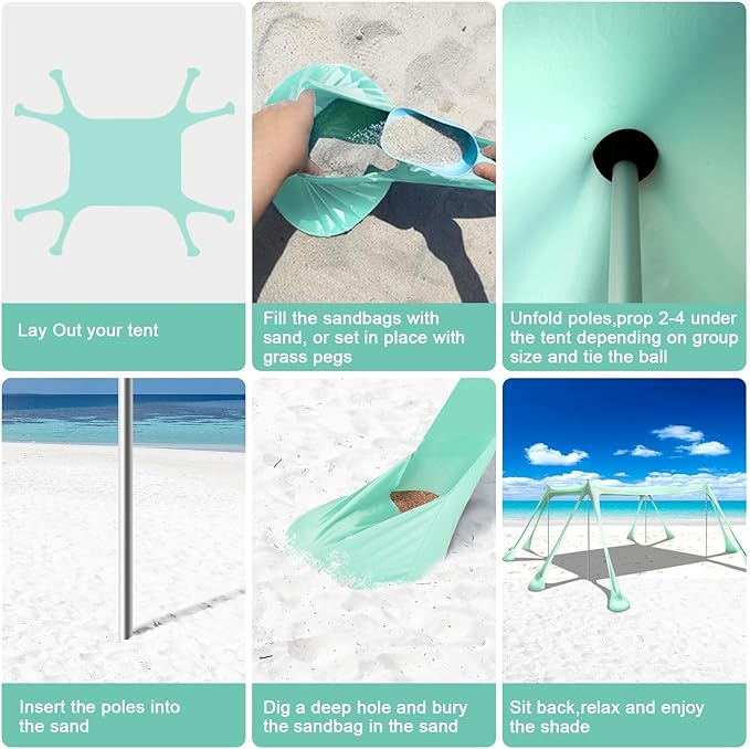 Beach Tent Sun Shelter Beach Canopy Tent Sun Shade Pop Up 10x10 UPF50+ with 8 Sandbags-2 Sand Shovel-Portable 4 Aluminum Poles-Ground Pegs-Easy Setup for Outdoor Family Camping Fishing Picnic