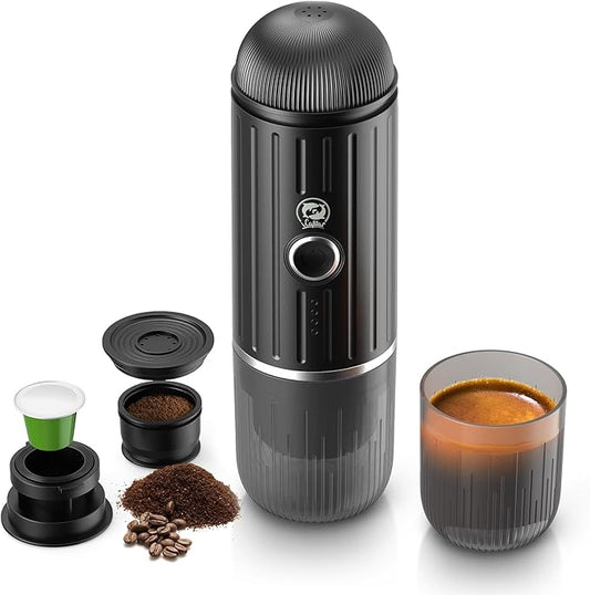Rich Crema Portable Electric Espresso Coffee Maker, Fast self-heating 2 IN 1 Extraction System Espresso Machine,Support Ground Coffee and NS capsule, for Travel,Car,Hiking,Climbing(Black)