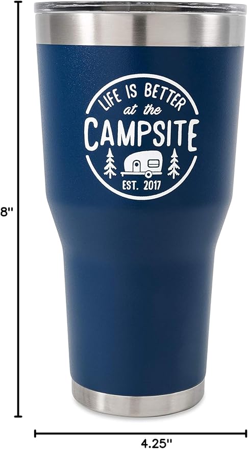 Camco Life is Better at The Campsite Tumbler | Heavy Duty Double Wall Vacuum Insulation | Crafted of 18/8 Stainless Steel | Unique “Life is Better at The Campsite” Design on Navy | 30-oz (53324)