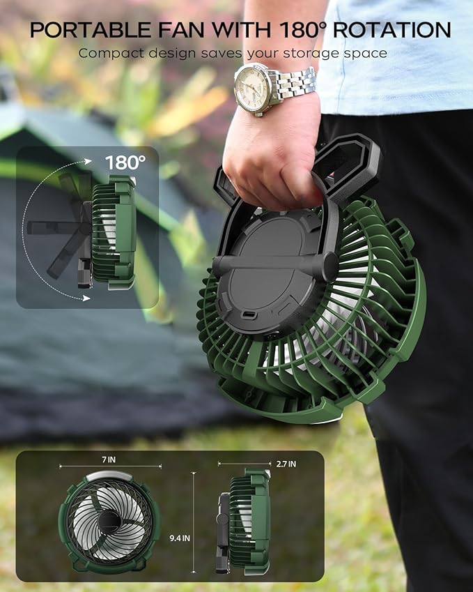 Camping Fan with LED Lantern, 6000mAh Battery Operated Rechargeable Fan, 3 Speeds,180° Rotation, Portable Desk Fan with Hanging Hook, Tent Fan for Travel Camping Outdoor Fishing