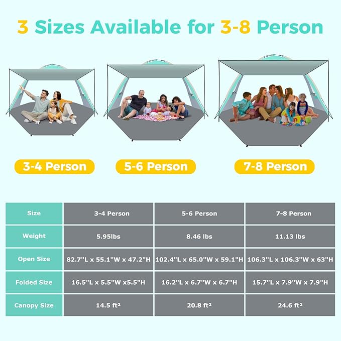 Gorich Beach Tent with Canopy - Easy Setup 3-8 Person Portable Sun Shelter, UPF 50+ UV Protection Sun Shade, Lightweight & Compact Beach Cabana for Family Travel