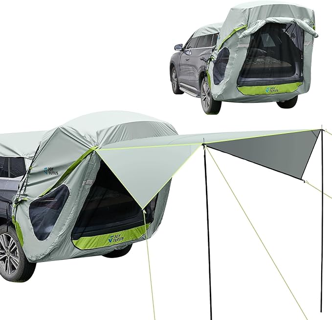 JOYTUTUS SUV Tailgate Tent with Three Sides Awning and Poles, Water Resistant SUV Camping Tent with Car Roof Cover, Outdoor Travel Preferred, Universal Fit Most Car, Grey Green